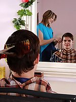 Horny MILF hairdresser in pantyhose and heels seduce her client to hot nylon sex